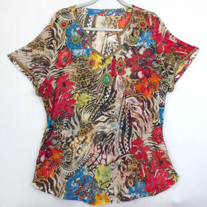 Chicos Tunic Top Mix Print Silk Beaded Women 14 Colorful Sheer Artsy Boho Whimsy
